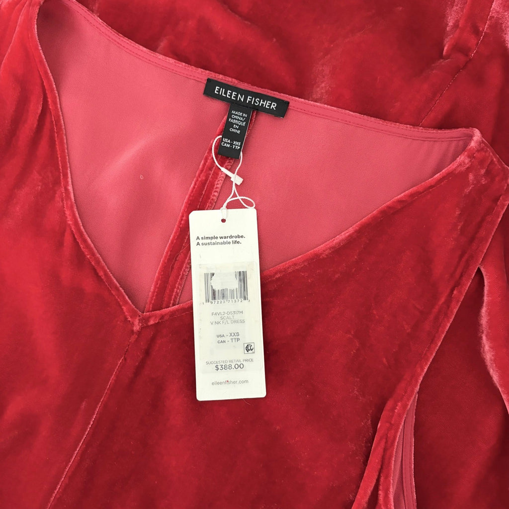 NWT!! EILEEN FISHER Red Scarlet Velvet Silk V Neck Midi Dress A-Line Preppy XXS