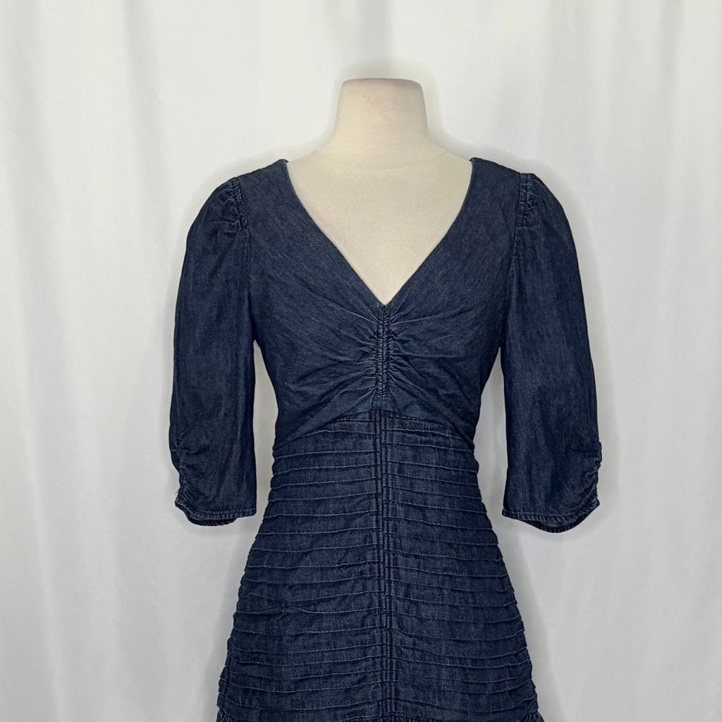 TANYA TAYLOR Pansy Dress Blue Denim Pleated Mini Puffed Sleeves Flirty Size 6