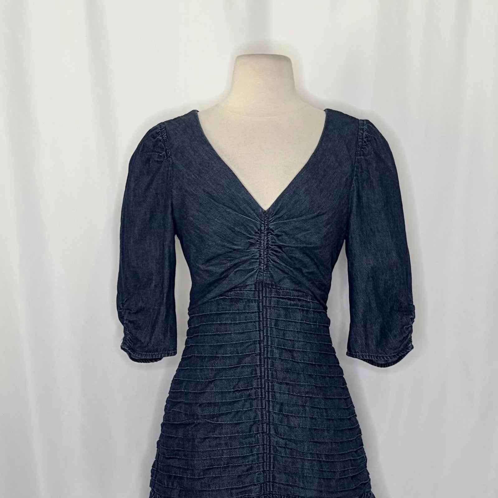 TANYA TAYLOR Pansy Dress Blue Denim Pleated Mini Puffed Sleeves Flirty Size 6
