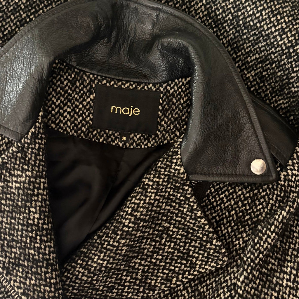 MAJE Ribiera Leather Tweed Coat Moto Inspired Pockets Zipper Size 38 US Medium