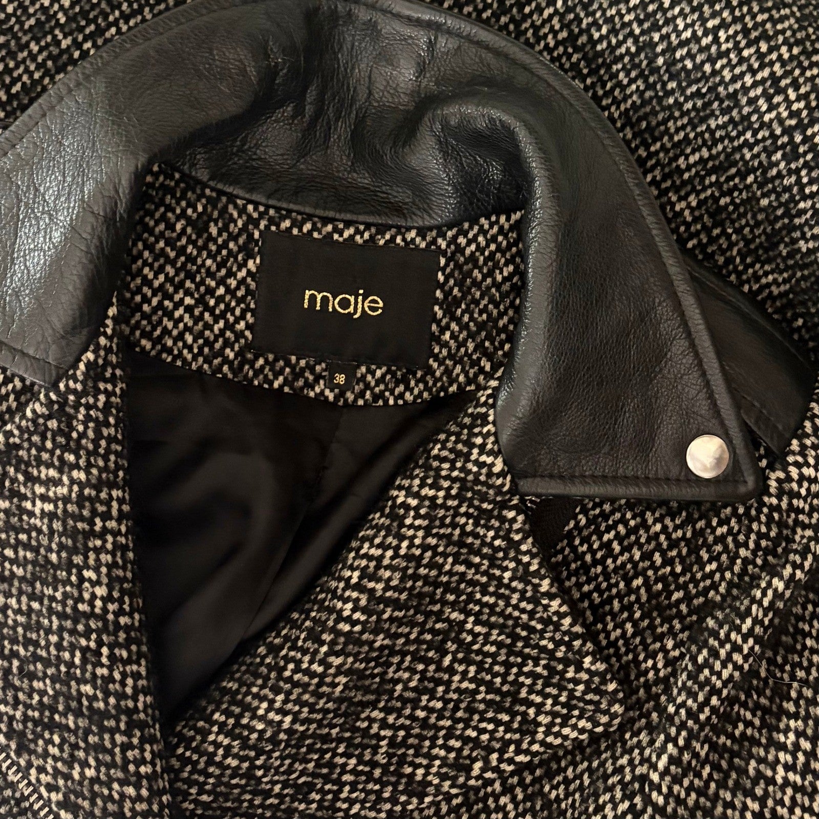 MAJE Ribiera Leather Tweed Coat Moto Inspired Pockets Zipper Size 38 US Medium