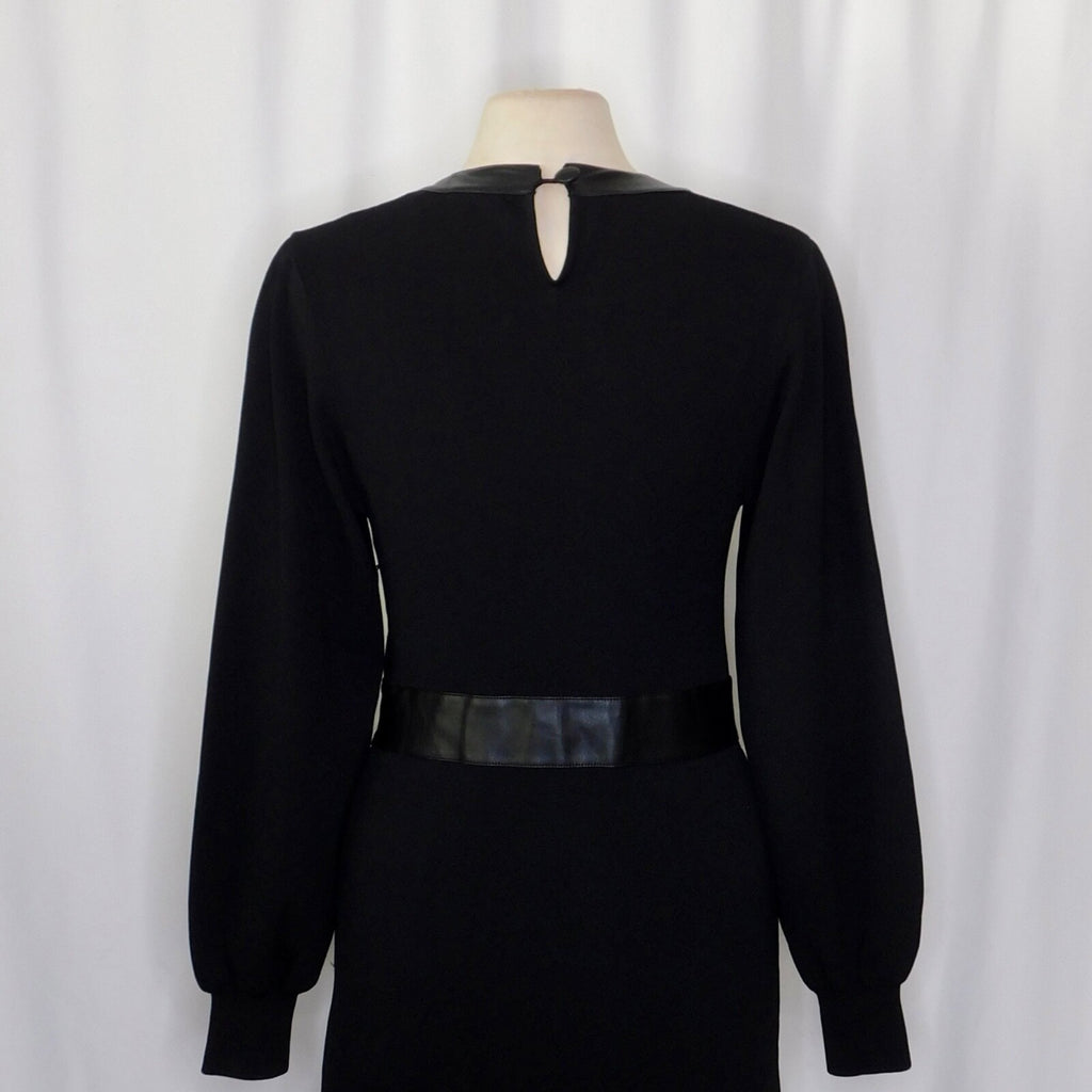THE KOOPLES Black Knit Faux Leather Trimmed Dress Puff Sleeves Size 3 / Large