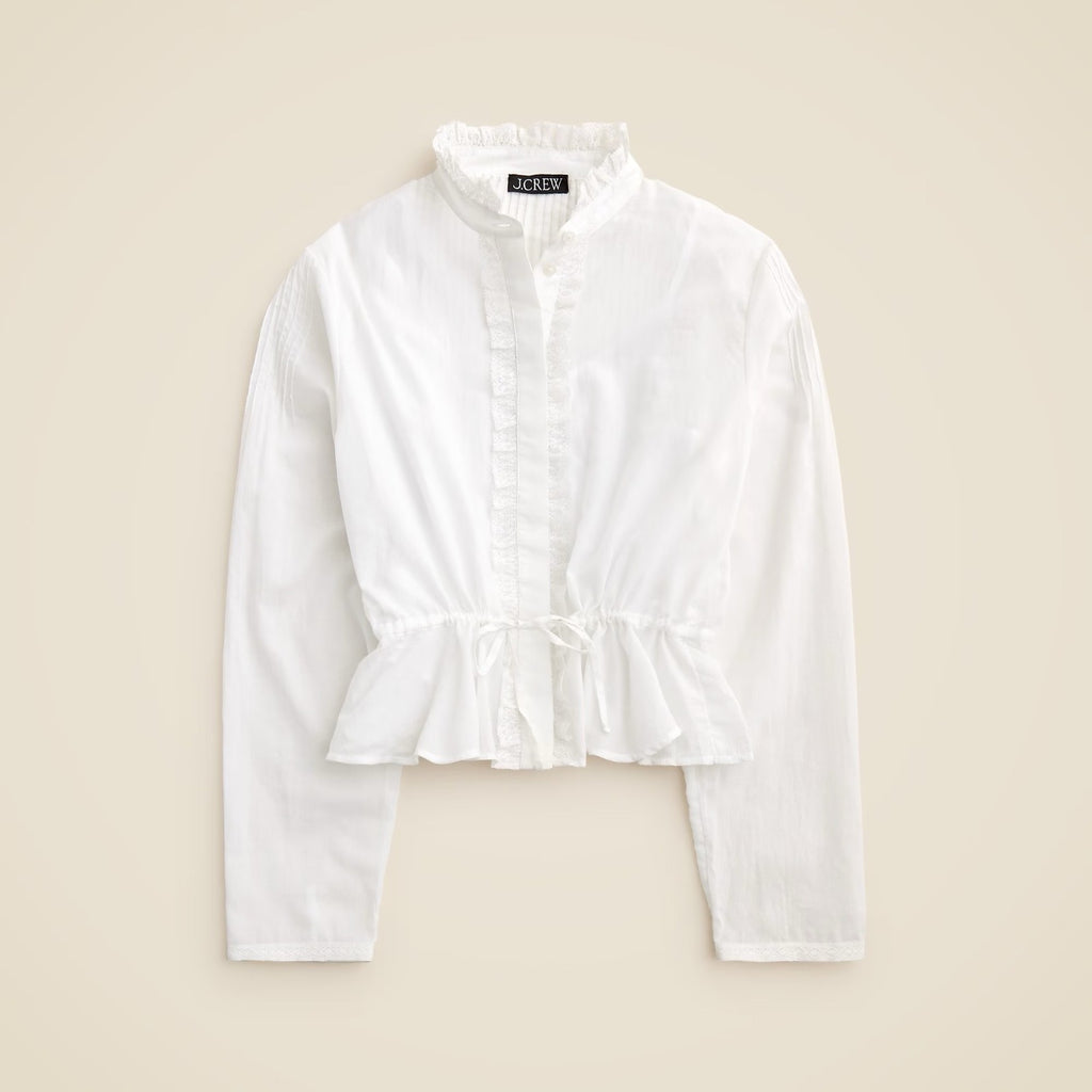 NWT!! J. CREW Lace Trim Cinched-Waist Cotton Voile White Top Blouse X-Small