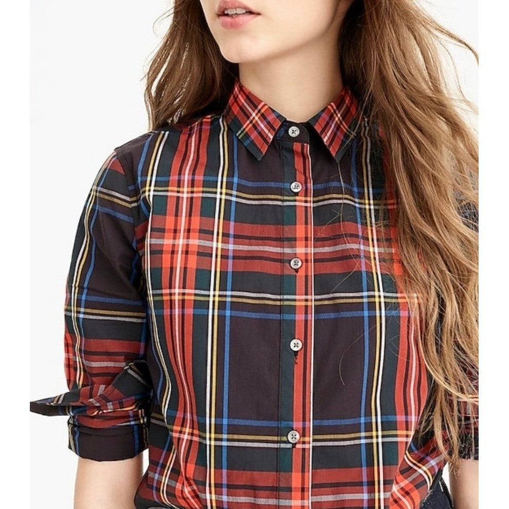 J. CREW Slim Stretch Perfect Shirt Top Black Stewart Tartan Plaid Buttons Size 4