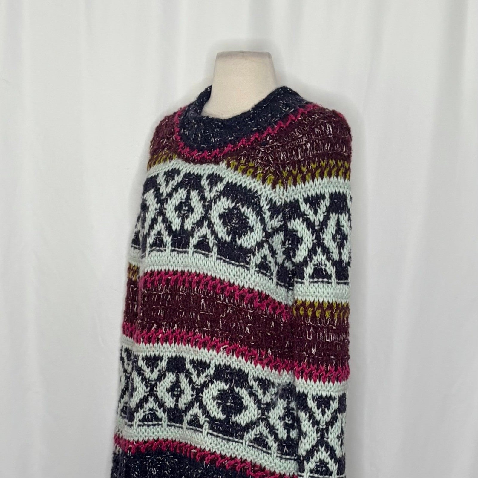 FREE PEOPLE Silver Reed Chunky Knit Fairisle Fair Isle Sweater Wool Linen Small