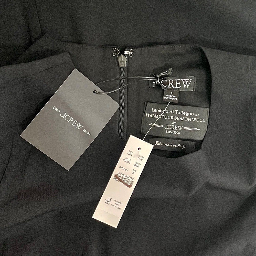 NWT!! J. CREW New Resume Tollegno Italian Wool Dress Solid Black Sheath Preppy 8