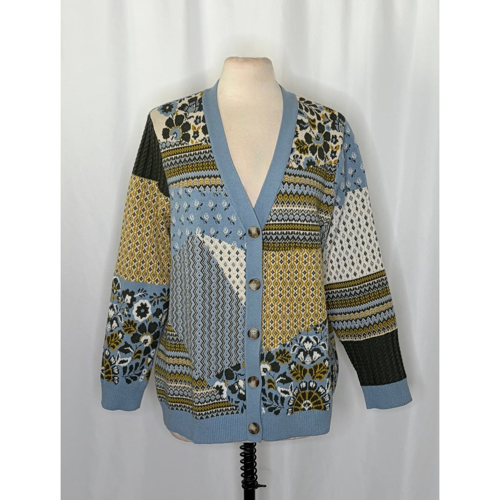 APPLESEED'S Patchwork Cardigan Sweater Floral Fairisle Fair Isle Geometric Large