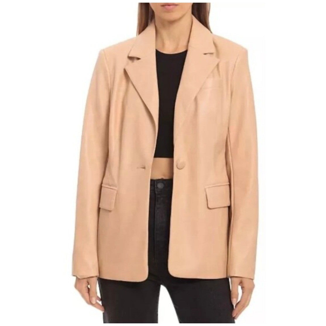 AVEC LES FILLES Tan Vegan Faux Leather Jacket Blazer Single Button Solid X-Large