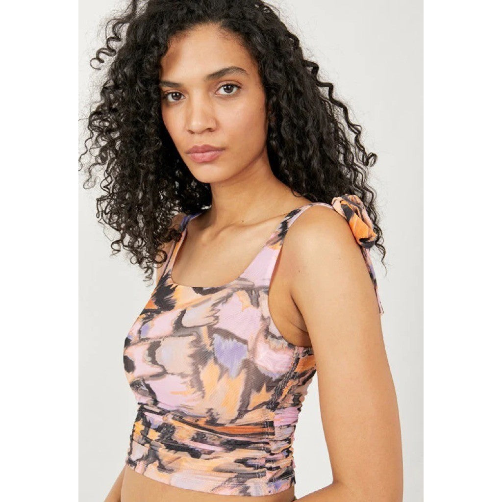 FREE PEOPLE Avenue Tank Top Tie Shoulders Scoop Neck Pink Combo Retro Medium