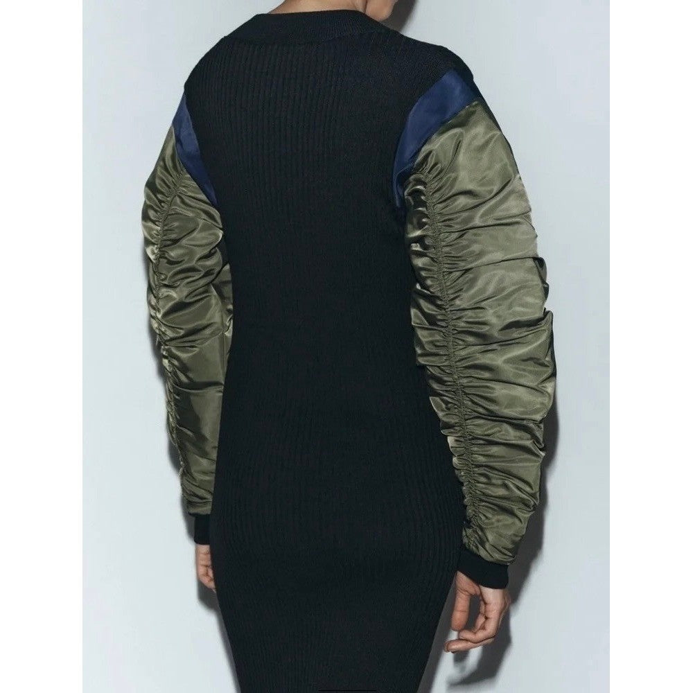 NWT!! ZARA Contrast Nylon Midi Dress Ribbed Knit Olive Green Black Blue Large