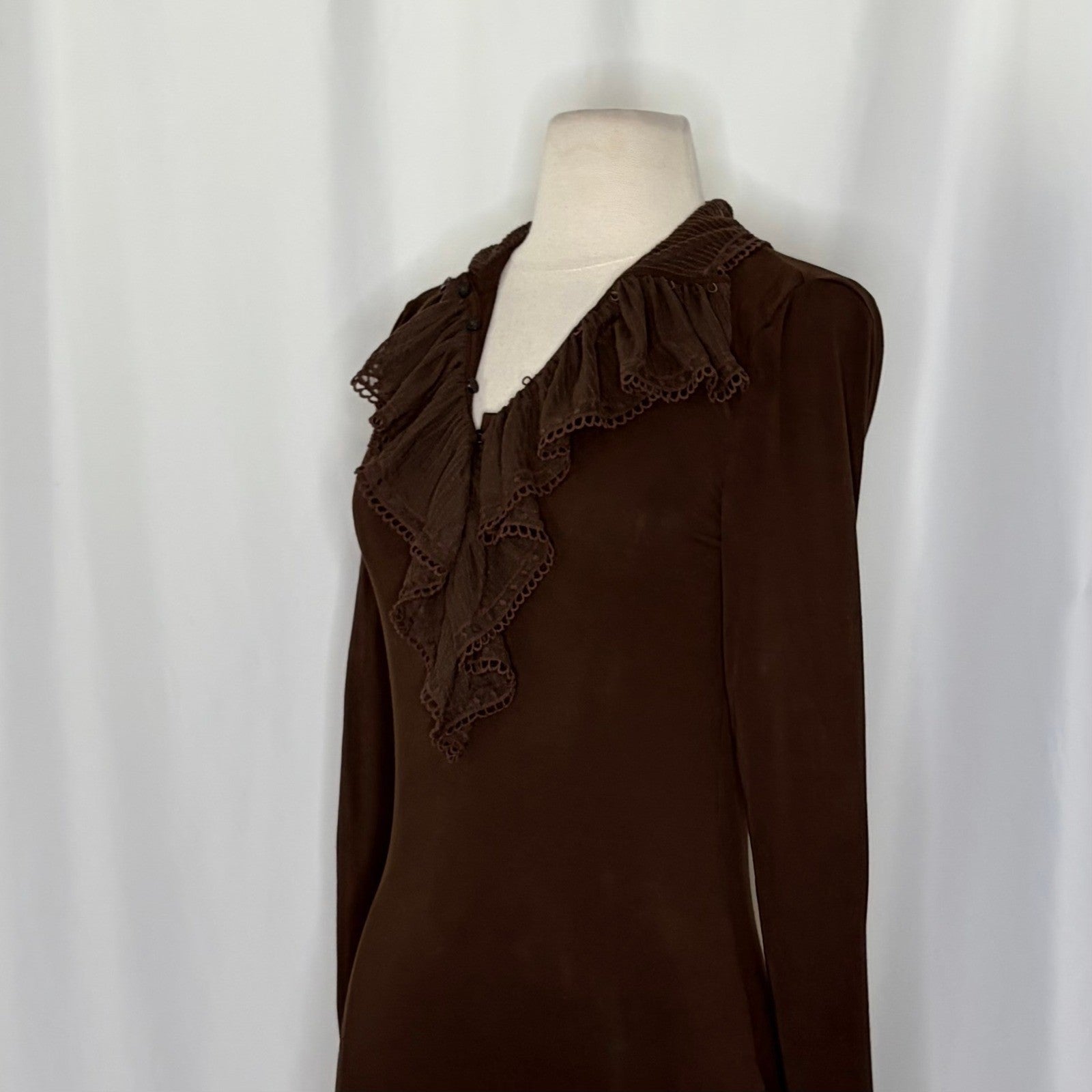 Lauren RALPH LAUREN Brown Ruffled Jersey Knit Blouse Top Solid Brown Small