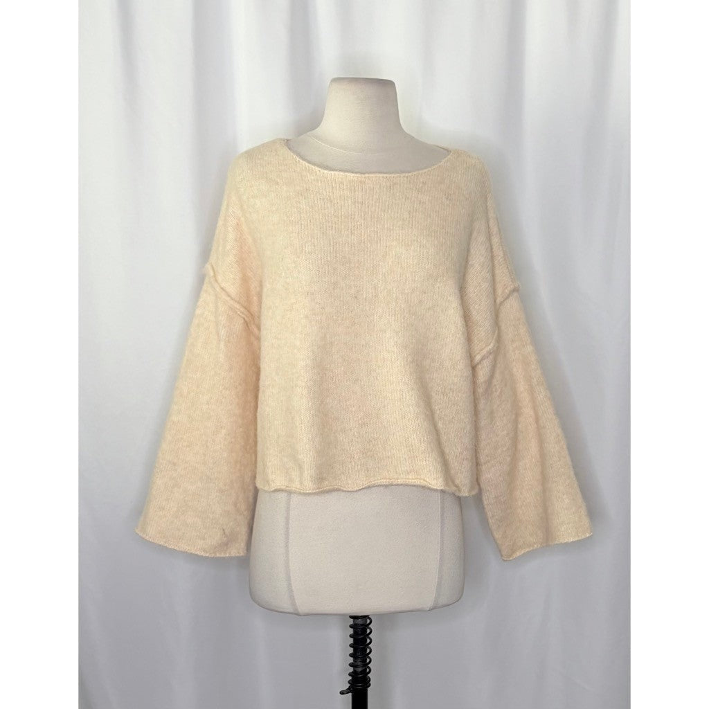 ZARA Bateau Neck Cropped Sweater Wool Solid Ivory Pullover Knit Knitwear Small