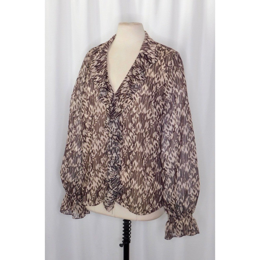 TED BAKER Bertei V Neck Ruffle Blouse Top Brown Abstract Chic Size 6 / US 14
