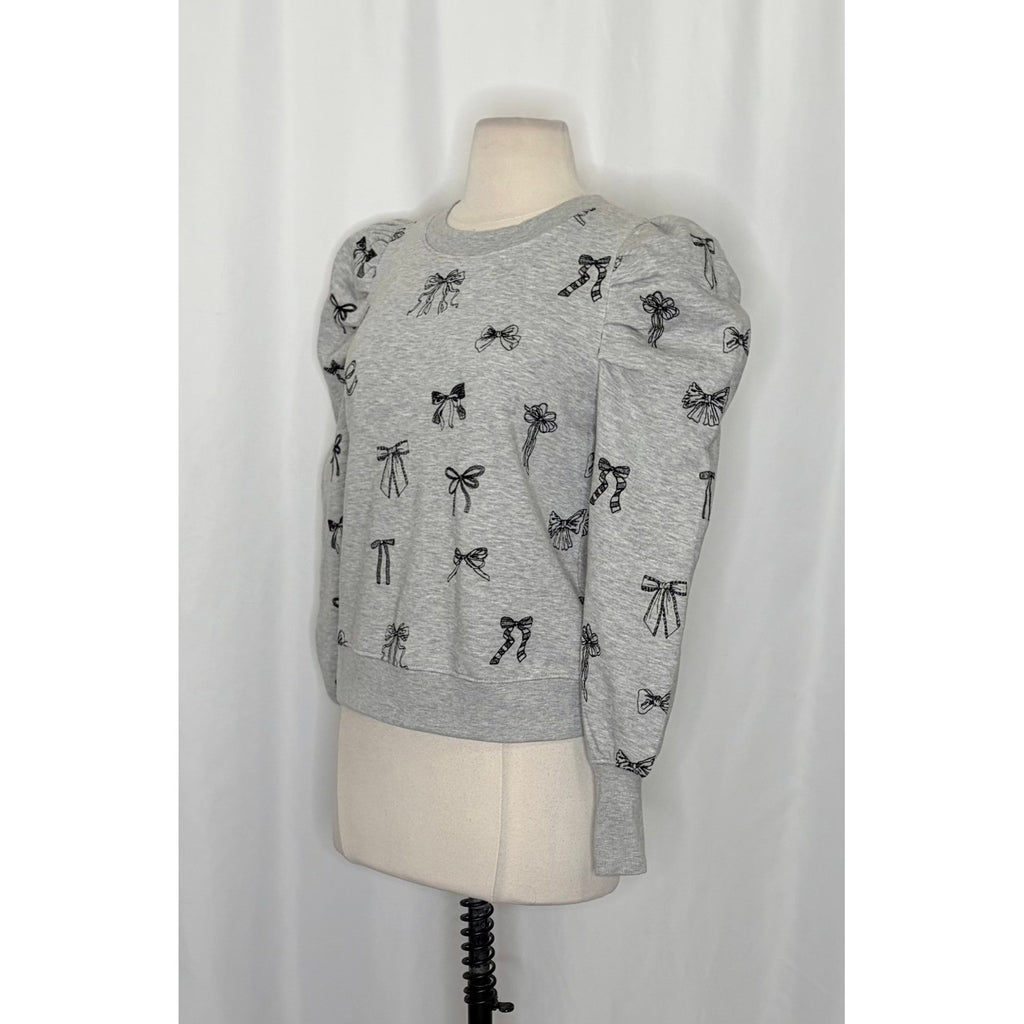 Anthropologie MAEVE Puff Sleeve Embroidered Bow Pattern Sweatshirt Top Small