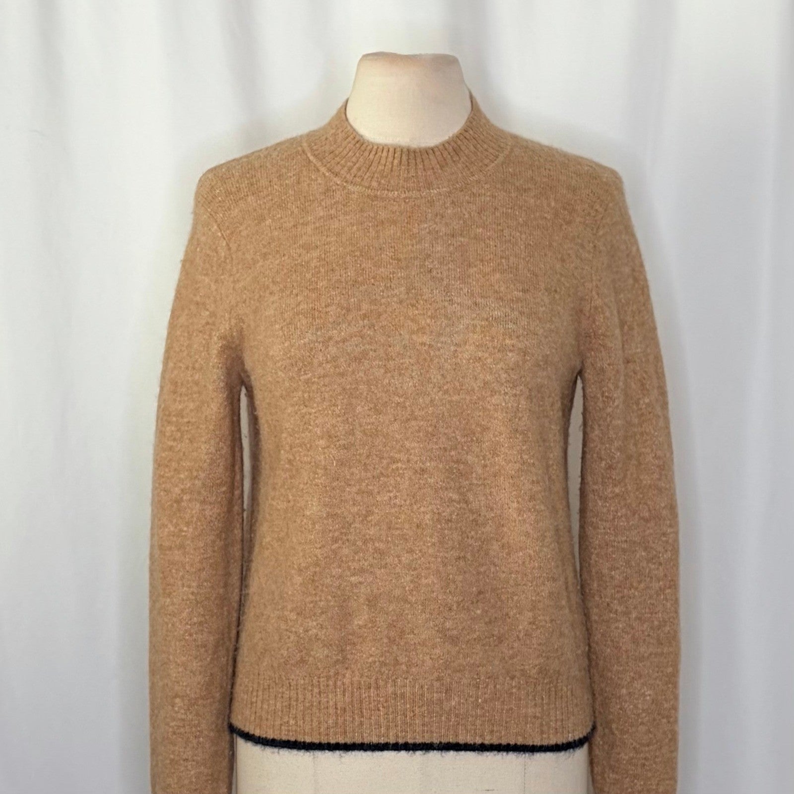 VINCE Contrast Tip Wool Alpaca Pullover Sweater Camel Brown Navy Blue Medium