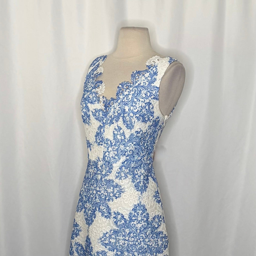 Anthropologie EVA FRANCO Starflower Scalloped Dress Blue White Lace Size 4