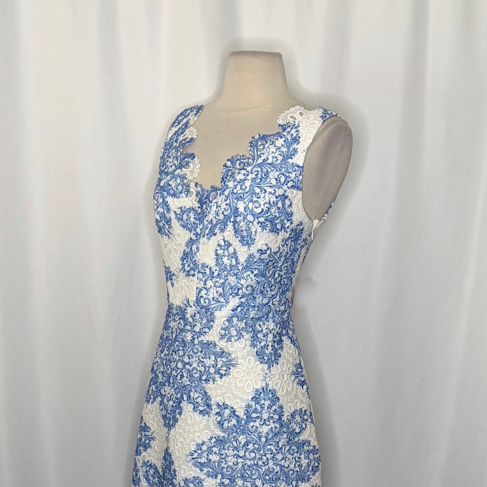 Anthropologie EVA FRANCO Starflower Scalloped Dress Blue White Lace Size 4