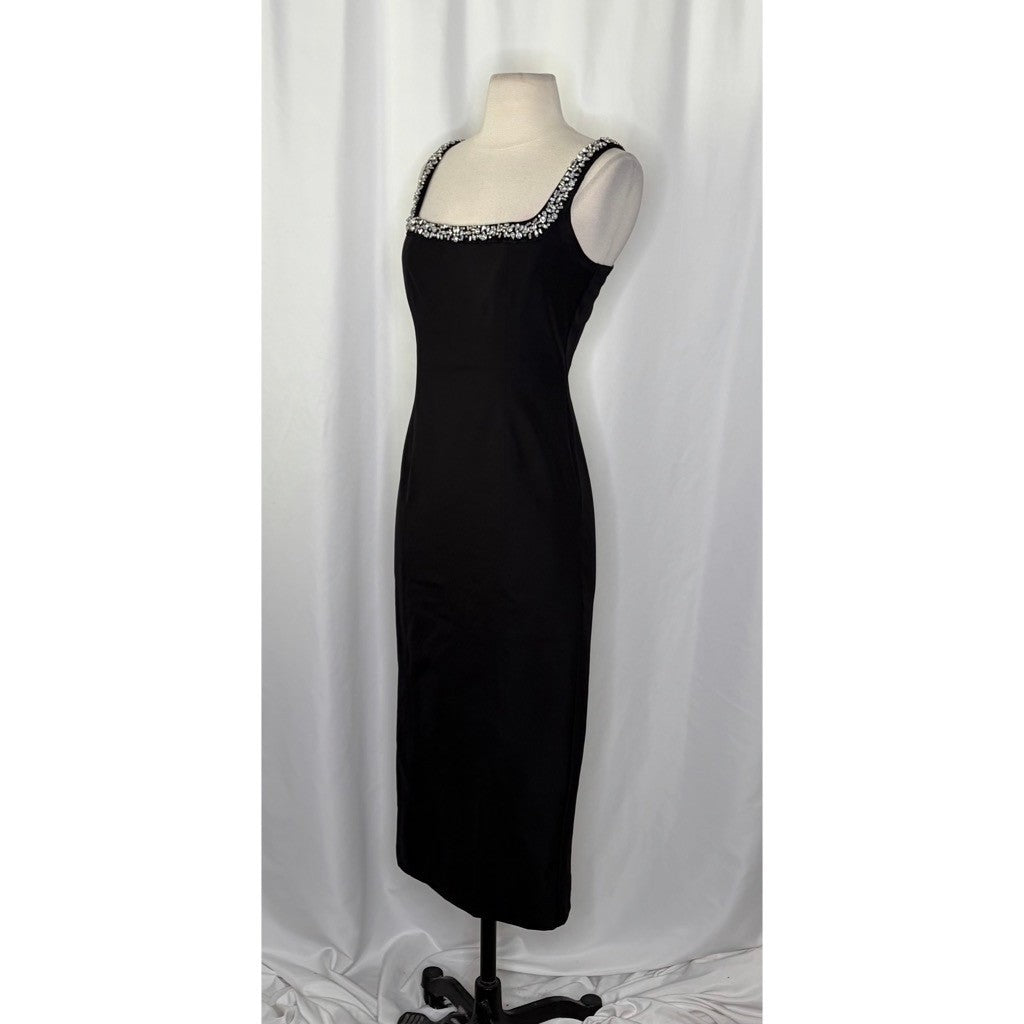 CAMILA COELHO Black Embellished Midi Sheath Dress Glam Solid Party Cocktails XS