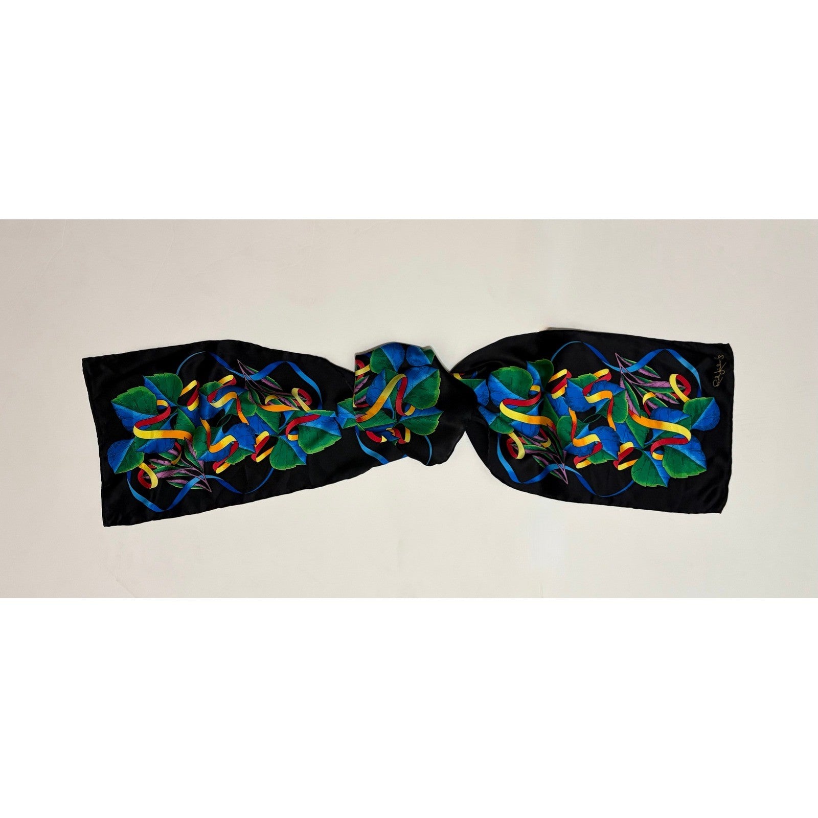 Vintage RUSH LIMBAUGH Aspen Leaves Colorful Rectangular Silk Scarf Black Floral