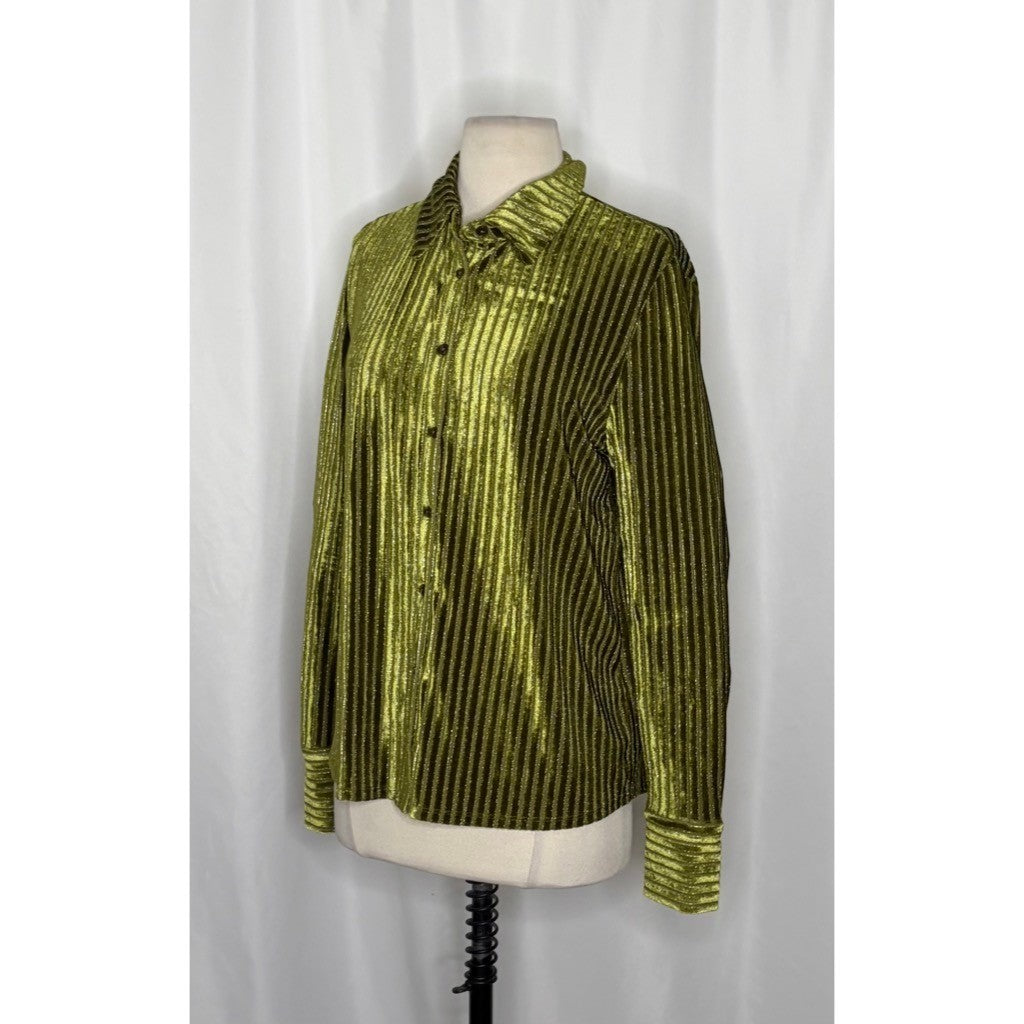 HOUSE OF HARLOW 1960 Green Velvet Stripe Buttondown Shirt Top Metallic Small