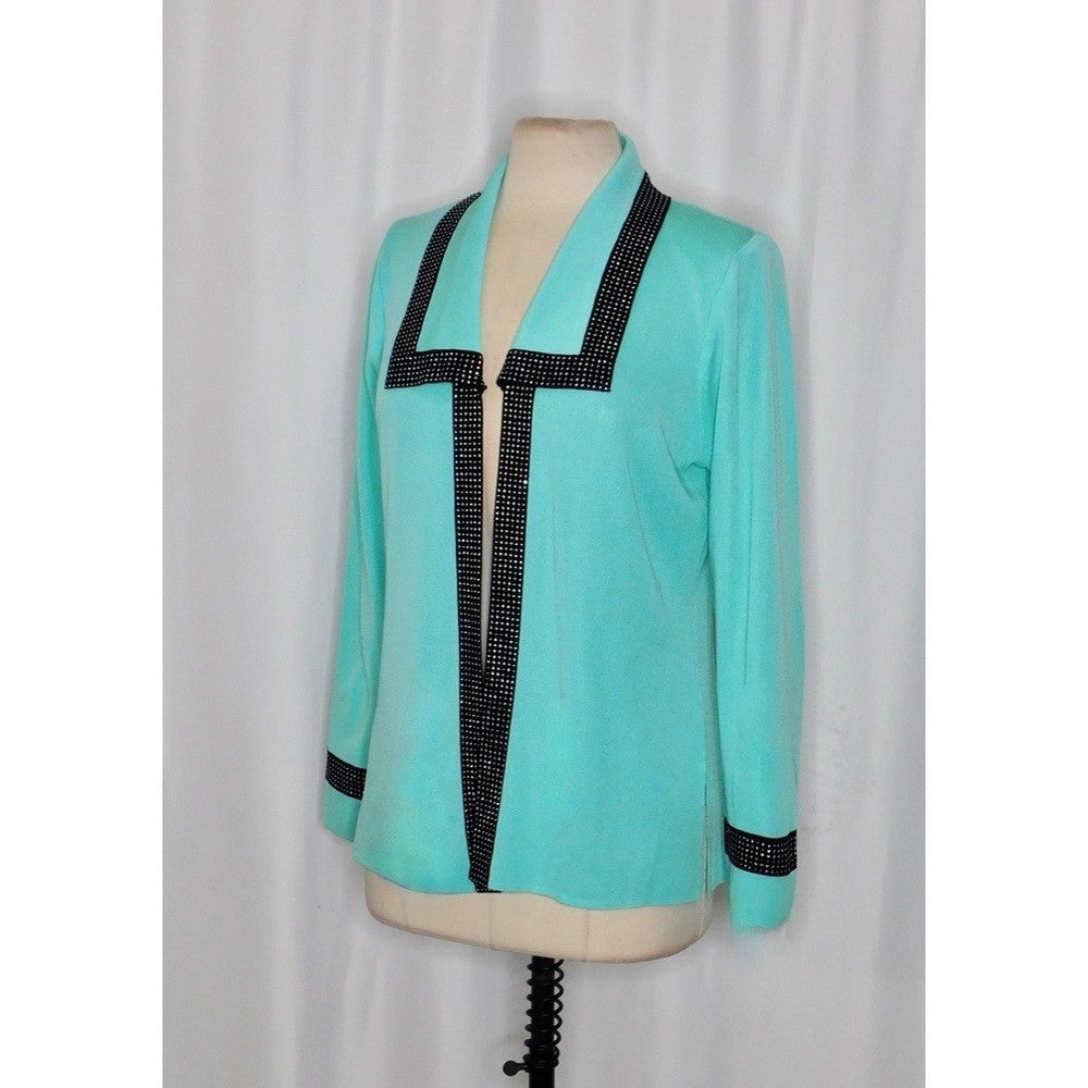 MING WANG Seafoam Green Black Studded Embellished Cardigan Sweater Medium