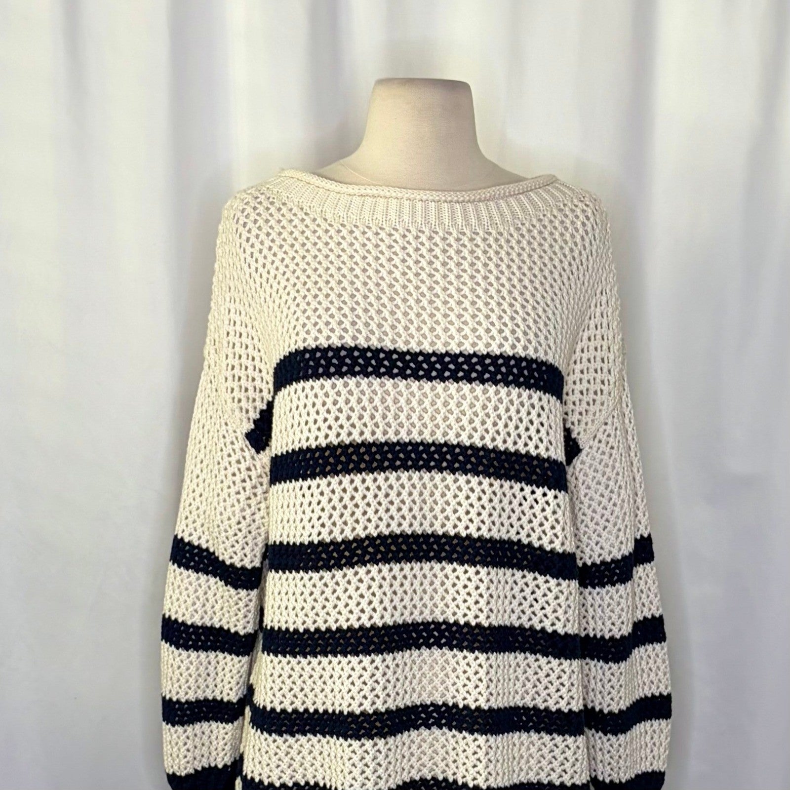 NWT!! ZARA Navy Ivory Striped Pullover Sweater Open Knit Nautical X-Small Small