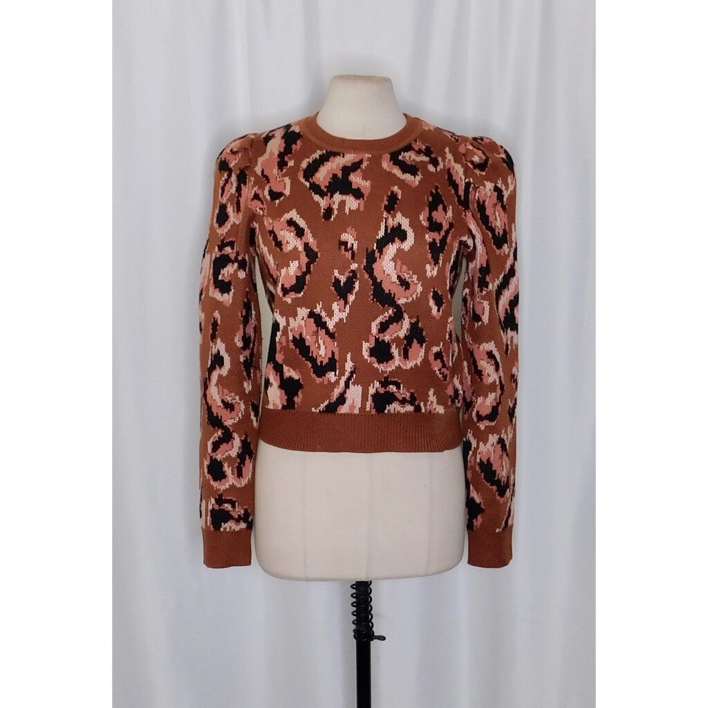 DEREK LAM Collective Brown Animal Print Sweater Leopard Puff Sleeves Large