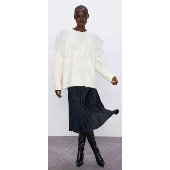 NWT!! ZARA Chic Tulle Ruffled Sequins Knit Sweater Off White Pullover Medium