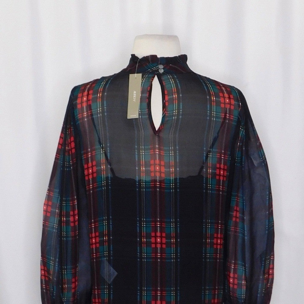 NWT! J. CREW Ruffleneck Top Stewart Tartan Plaid Chiffon Festive Preppy XX-Small