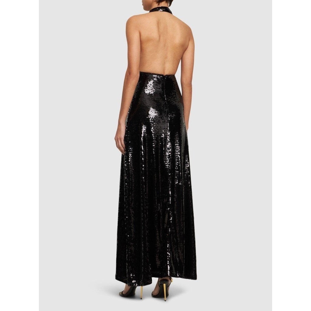 NWT!! WEWOREWHAT Black Sequin Halter Dress Full Length Maxi Glam Party Size 2