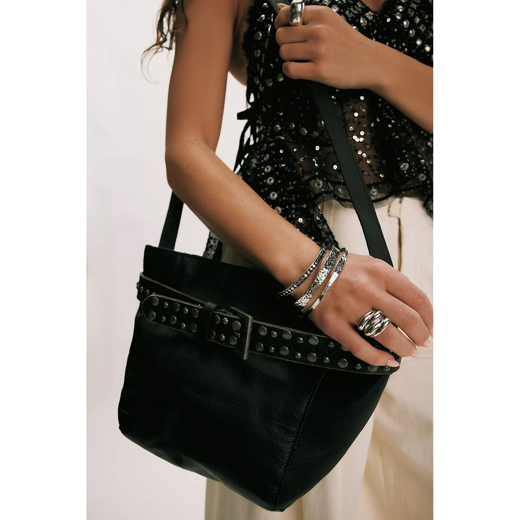 NWT!! FREE PEOPLE Black Leather Embellished Belt Bucket Bag Studded Studs Solid