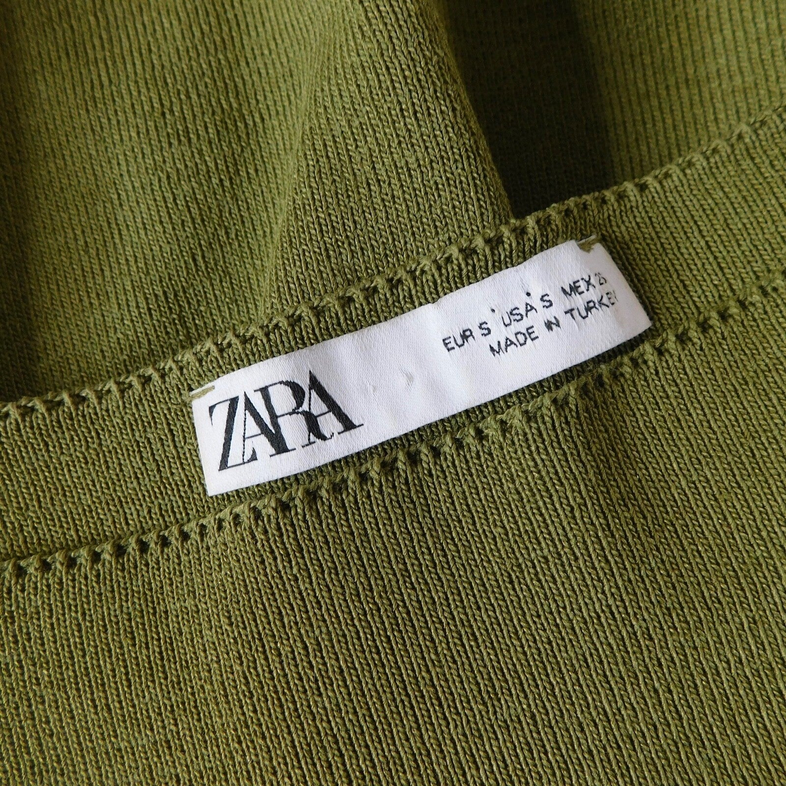 ZARA Squared Mini Babydoll Dress Puff Sleeves Solid Olive Green Knit Small