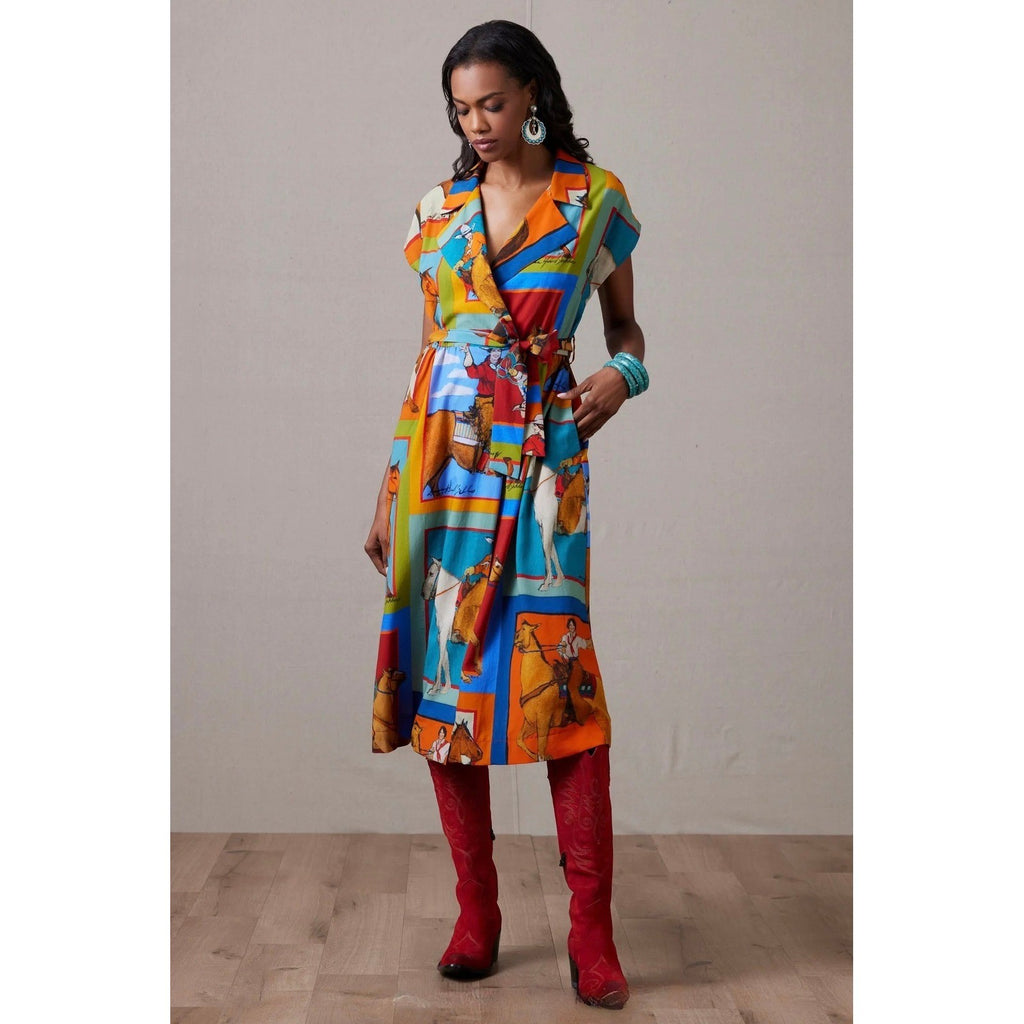 NWT!! DOUBLE D RANCH Women Of The Range Dress Western Horses Midi Bright X-Small