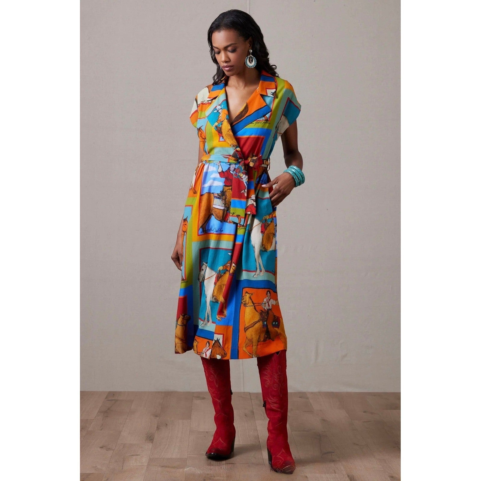 NWT!! DOUBLE D RANCH Women Of The Range Dress Western Horses Midi Bright X-Small