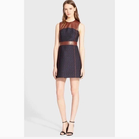 THEORY Calvino Mixed Media Tweed Lamb Leather Dress Brown Blue Fit and Flare 6