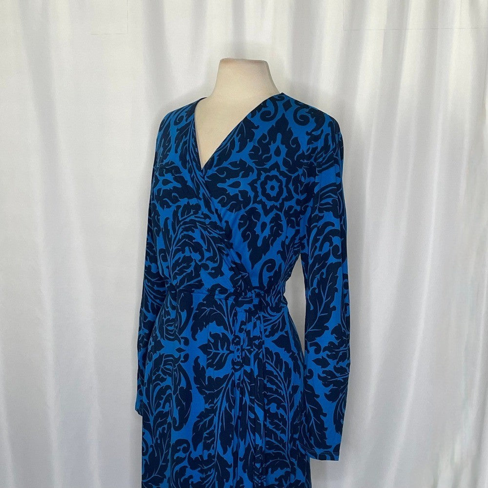 BODEN Henrietta Faux Wrap Day Dress Navy Royal Blue Scroll Print Size 12