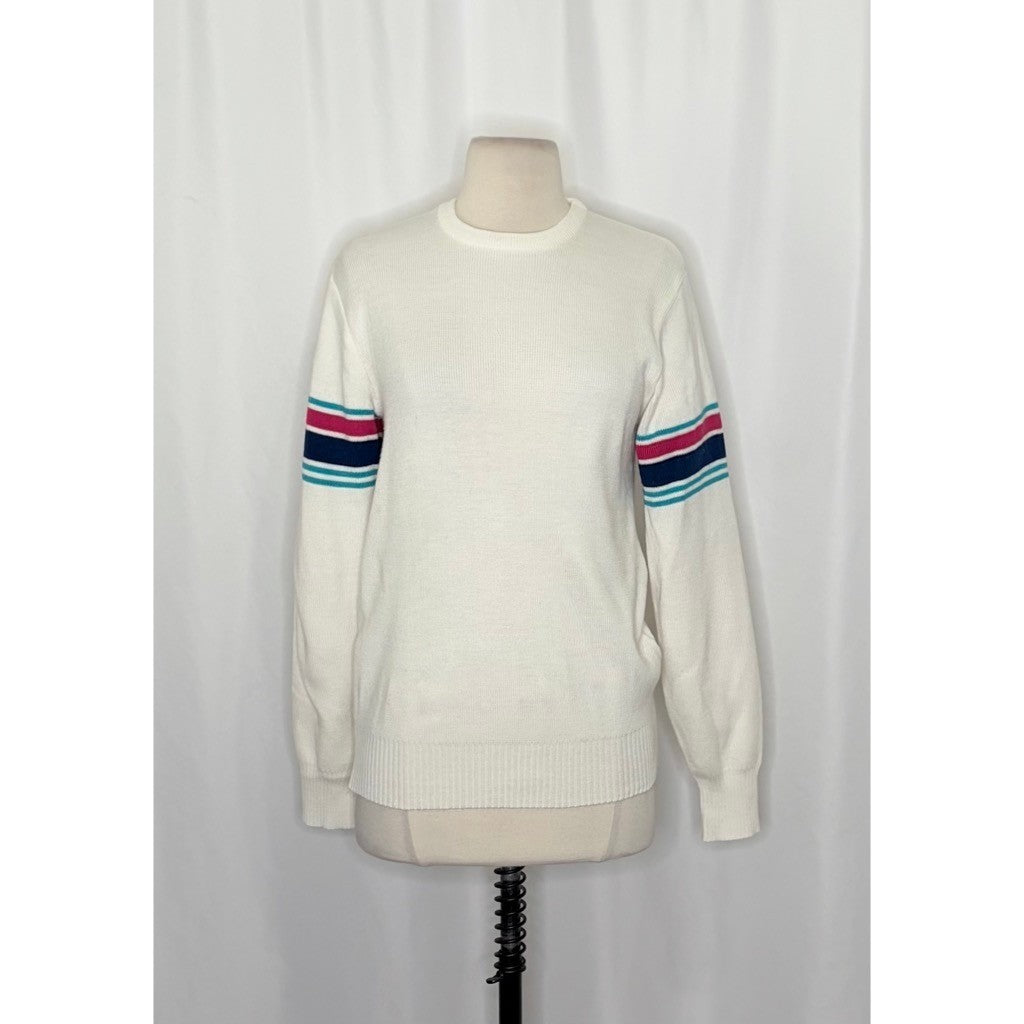 Vintage MEISTER White Stripe Sleeves Sweater Pullover Knit Sporty Outdoors Small