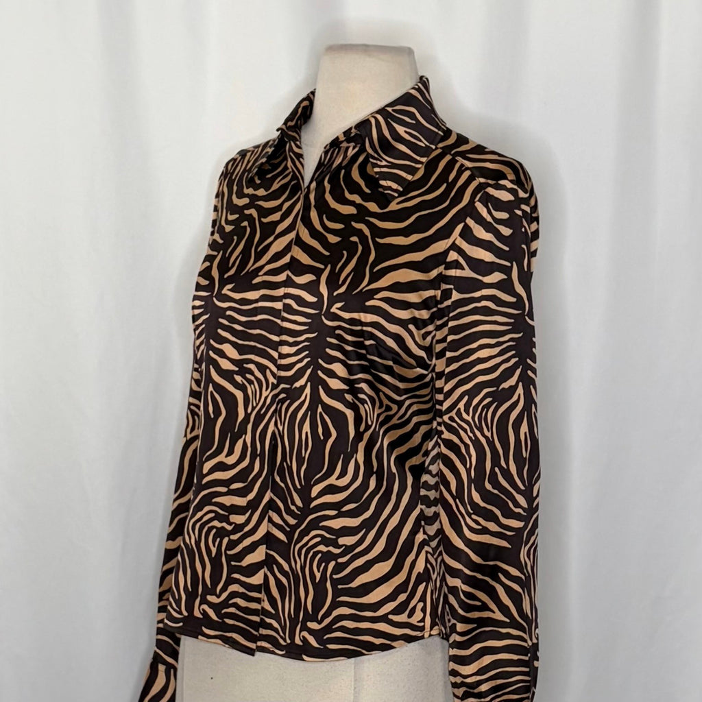 ETCETERA Stretch Silk Buttondown Shirt Blouse Animal Print Brown Tan Size 2