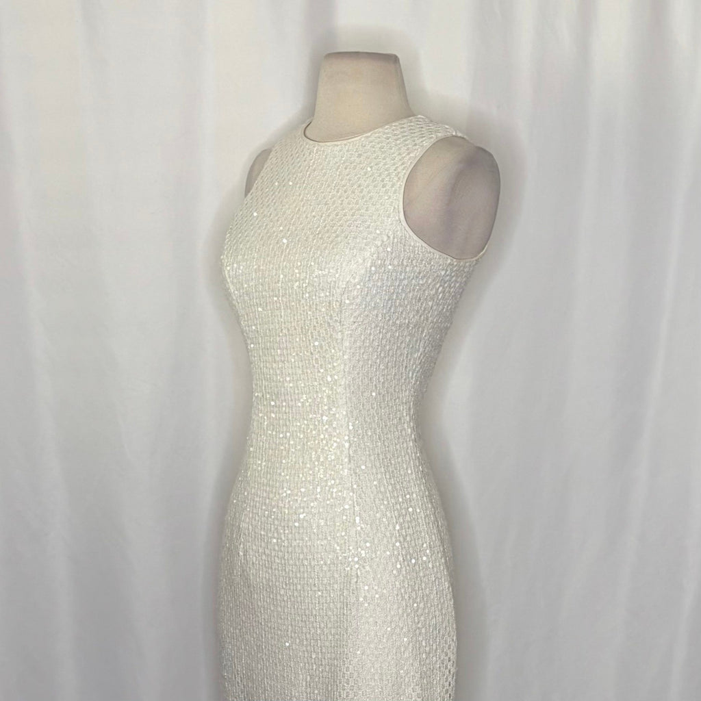 DRESS THE POPULATION Alina Sequin Crochet Lace Midi Dress Bridal White Small