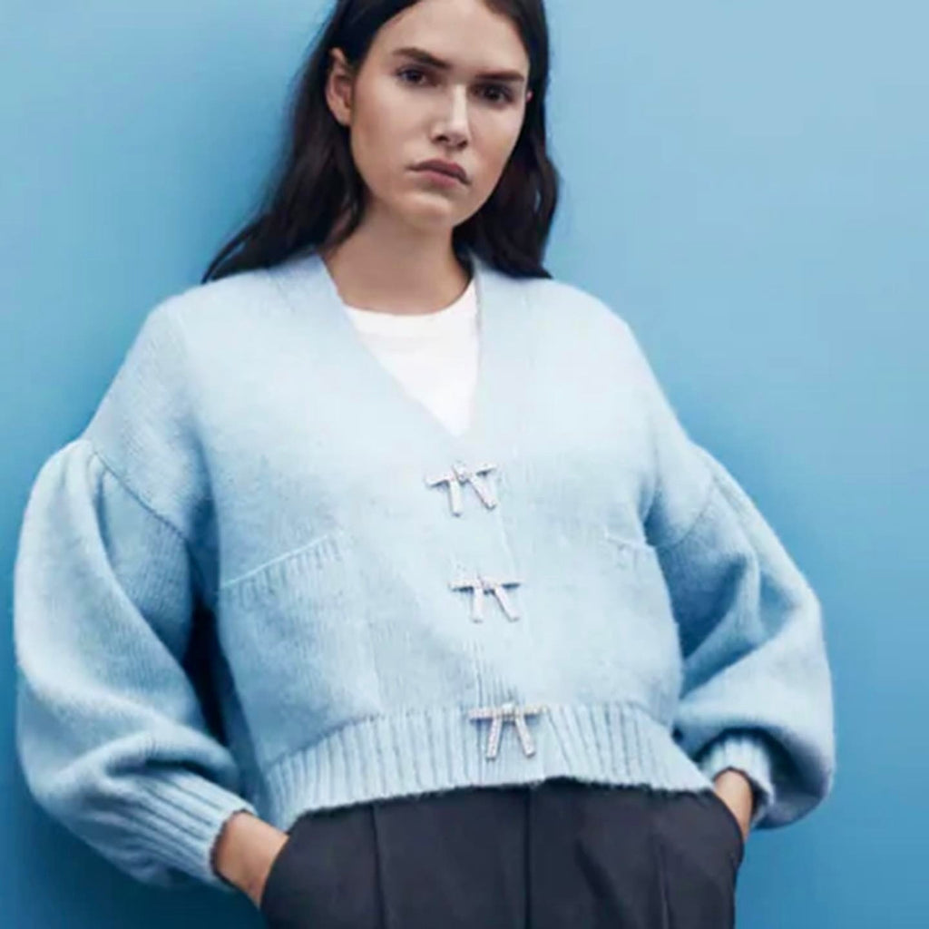 ZARA Jewel Bow Cardigan Sweater Baby Blue Coquette Blogger Favorite Preppy Small