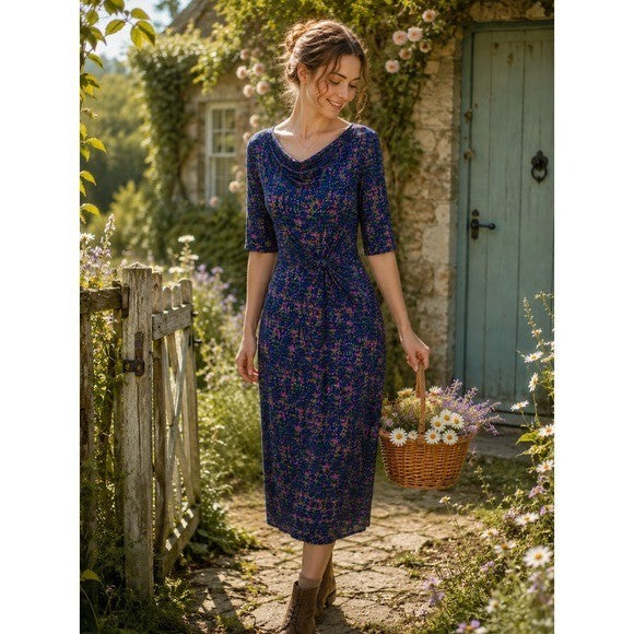 BODEN Drape Neck Pleated Ruched Midi Dress Abstract Print Knit Pleats 4L 4 Tall