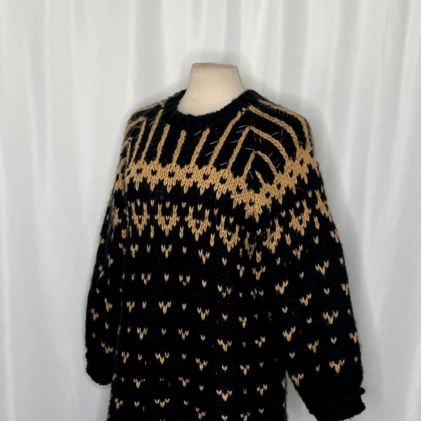 ZARA Limited Edition Beaded Jacquard Sweater Black Brown Oversized Chunky Small