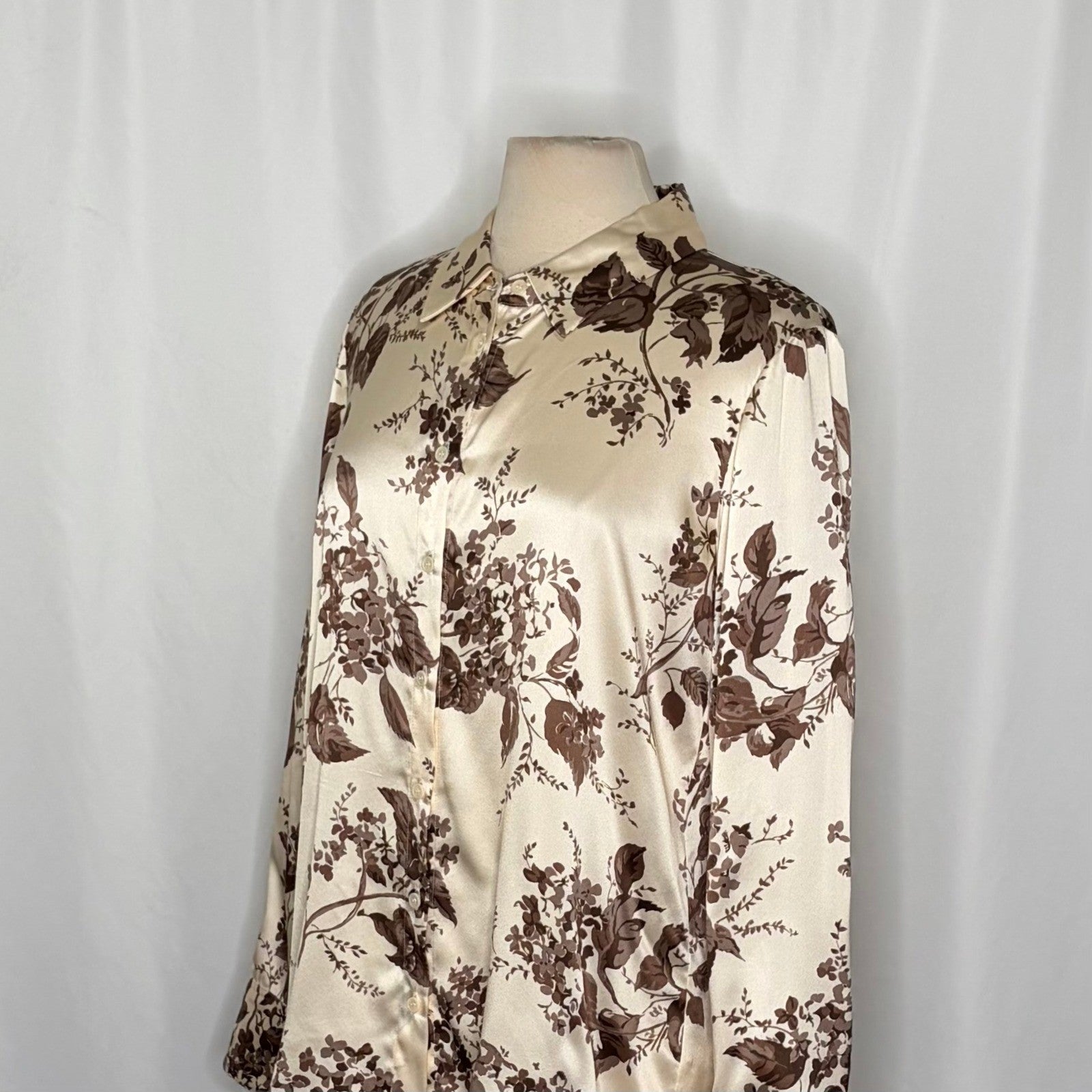 REFORMATION Silk Floral Print Blouse Top Buttondown Cream Brown Chic Large