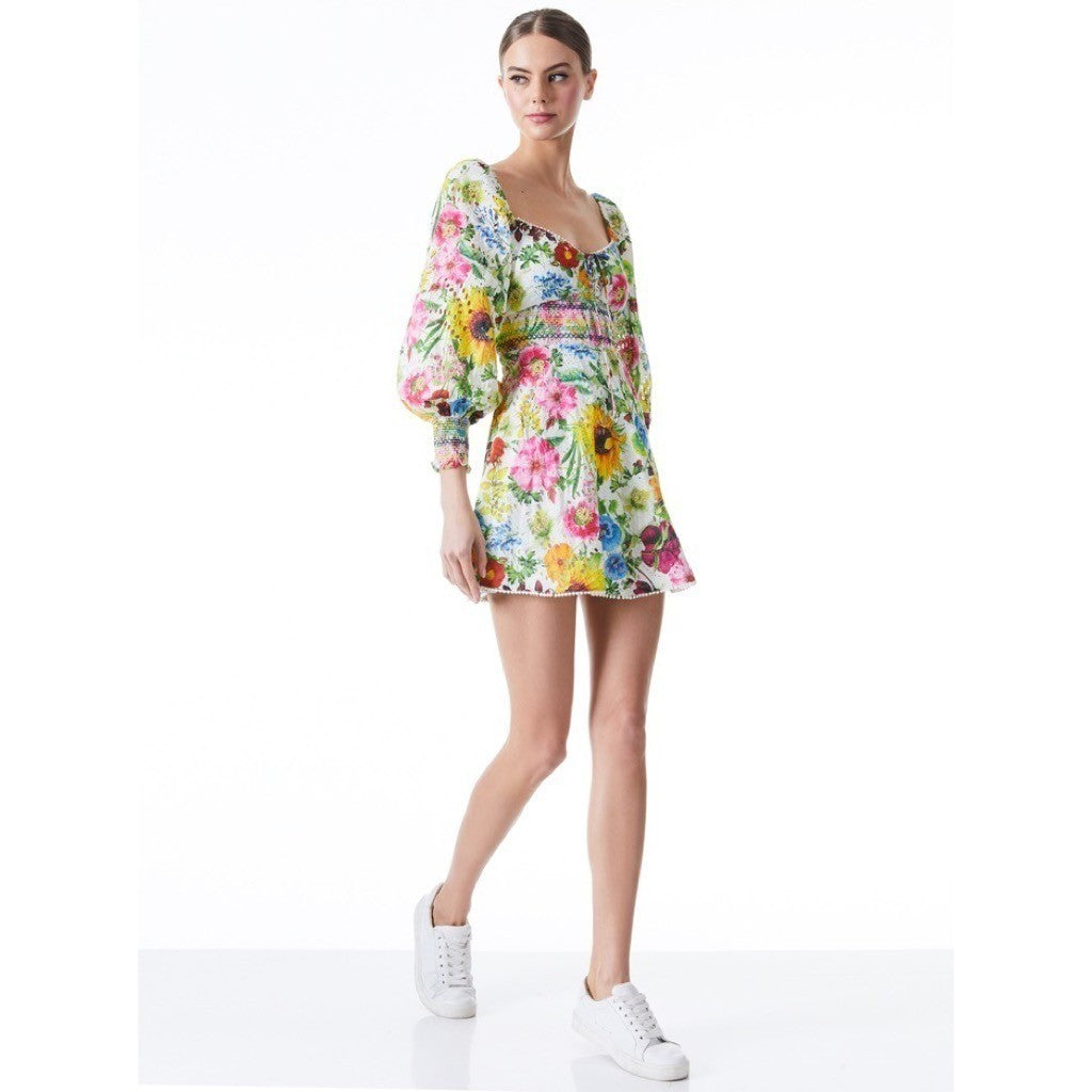ALICE + OLIVIA Crawford Sweetheart Mini Dress Floral Puff Sleeves Lace Up Size 0