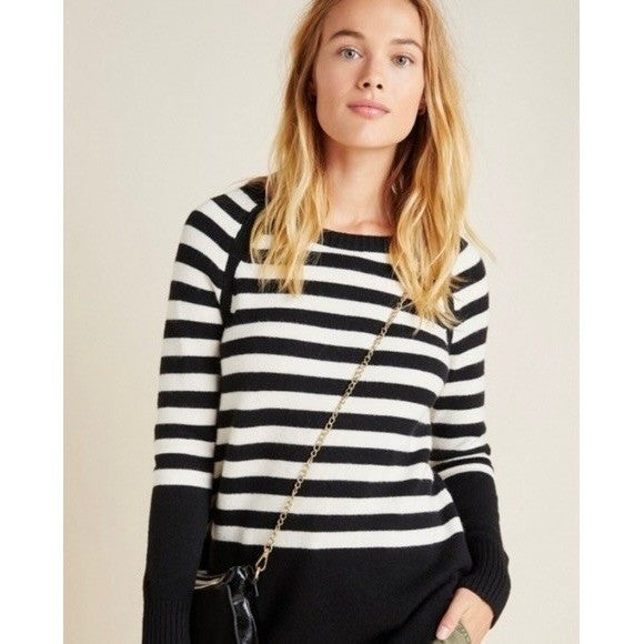 ANTHROPOLOGIE Rebekah Sweater Black White Stripe Tunic Pullover Knitwear Medium