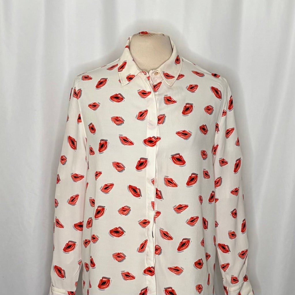 ZARA ZW Collection White Pink Lips Print Buttondown Top Blouse Lipstick X-Large