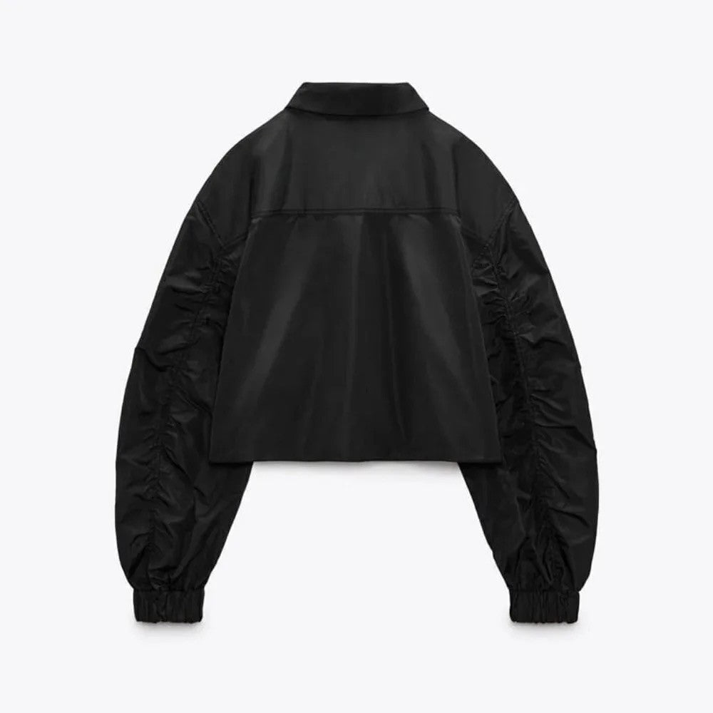 ZARA Black Cropped Pocket Shirt Gathered Long Sleeves Buttondown Solid Small