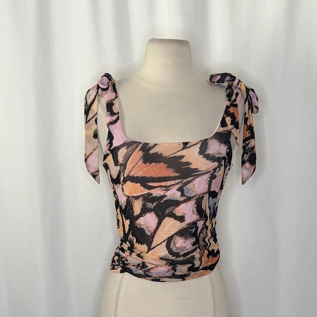 FREE PEOPLE Avenue Tank Top Tie Shoulders Scoop Neck Pink Combo Retro Medium