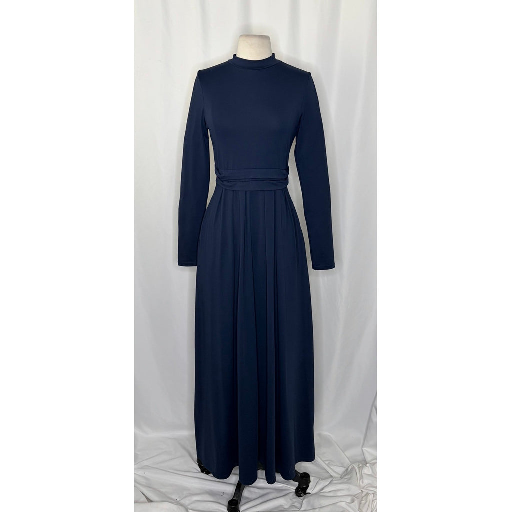 HALARA Navy Blue Mock Neck Long Sleeve Pocket Flare Maxi Casual Dress Knit XS