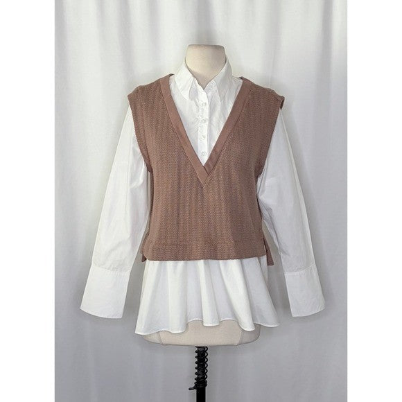 By ANTHROPOLOGIE Twofer Sweater Vest Shirt Blouse Layered Brown White X-Small